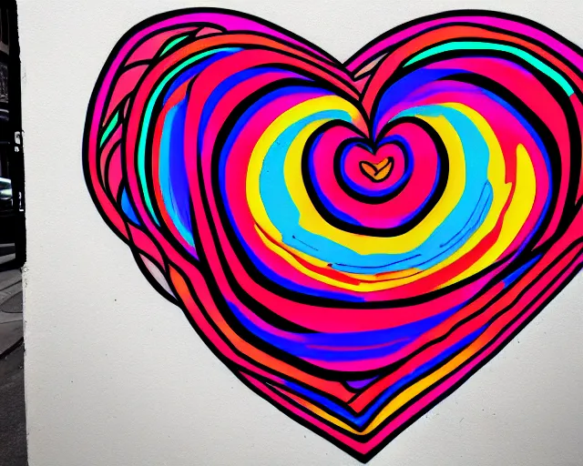 Prompt: graffiti, heart made with circles and lines, vivid colors, highly detailed, simple, no jagged lines, smooth, artstation, artwork by d * face