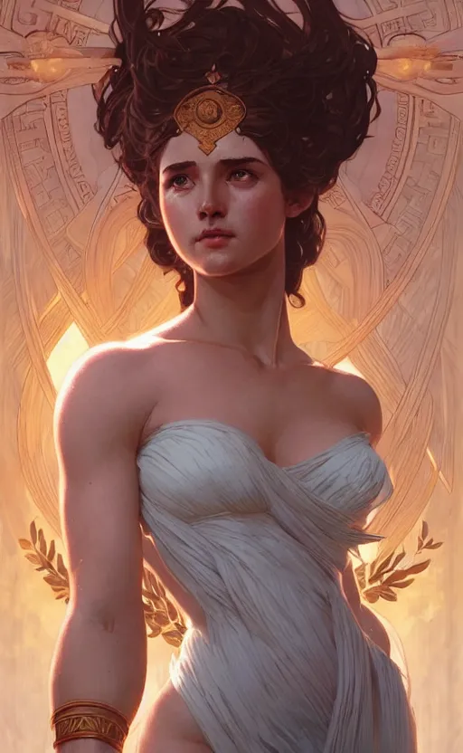 Image similar to the goddess hestia, intimidating, greek mythology, intricate, upper body, highly detailed, digital painting, artstation, concept art, sharp focus, cinematic lighting, illustration, art by artgerm and greg rutkowski, alphonse mucha, cgsociety