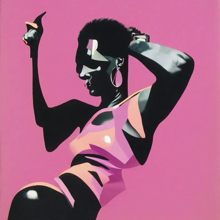 Prompt: abstract portrait of grace jones in pink, geometric, anime style, caravaggio, syd mead