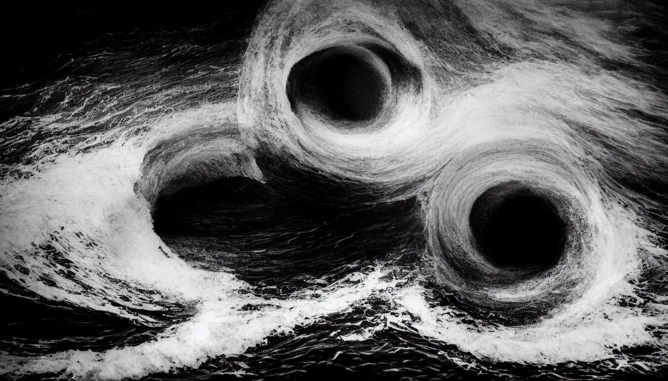 Prompt: void, whirlpool in the middle of the lake, waves, dark, atmospheric, scary, claustrophobic, ambient vibe, very detailed, black and white, 4 k