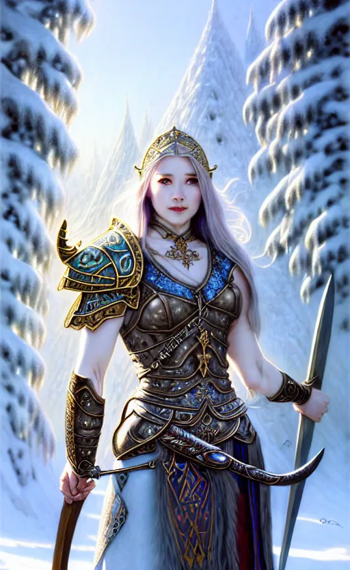 Image similar to opal viking warrior, regal, elegant, winter, snow, beautiful, stunning, hd, illustration, epic, d & d, fantasy, intricate, elegant, highly detailed, wide angle, digital painting, artstation, concept art, smooth, sharp focus, illustration, wallpaper, art by artgerm and greg rutkowski and alphonse mucha and jin xiaodi