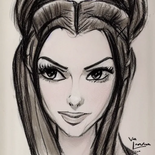 Image similar to milt kahl sketch of victoria justice with done up hair, tendrils covering face and ponytail as princess padme from star wars episode 3