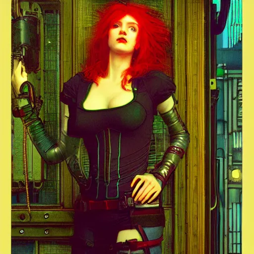 Image similar to redhead female cyberpunk, dreamin, wires cables skulls, machines, in the style of john william waterhouse, kilian eng, rosetti, john everett millais, william holman hunt, 4 k photo autochrome