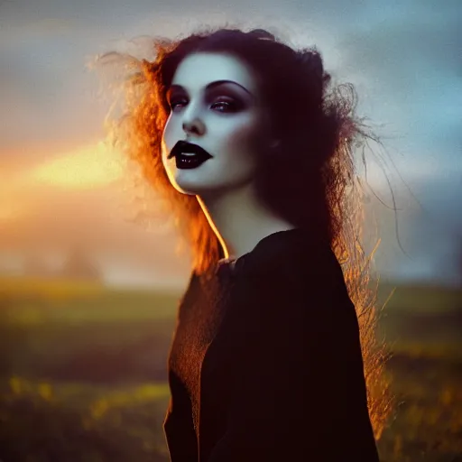 Prompt: photographic portrait of a stunningly beautiful gothic smiling alluring female in soft dreamy light at sunset, god rays, contemporary fashion shoot, by edward robert hughes, annie leibovitz and steve mccurry, david lazar, jimmy nelsson, breathtaking, 8 k resolution, extremely detailed, beautiful, establishing shot, artistic, hyperrealistic, beautiful face, octane render