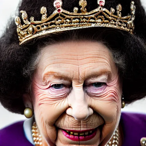 Image similar to queen elizabeth ii with a black afro, canon eos r 3, f / 1. 4, iso 2 0 0, 1 / 1 6 0 s, 8 k, raw, unedited, symmetrical balance, in - frame