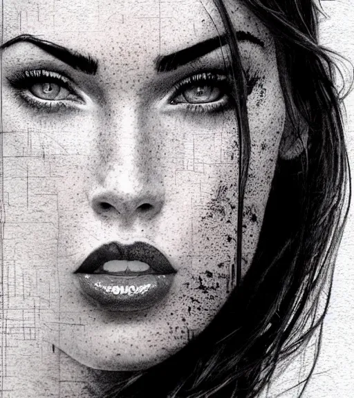 Image similar to megan fox face double exposure with beautiful mountains, tattoo sketch, hyper - realistic, in the style of matteo pasqualin, amazing detail, sharp, black and white