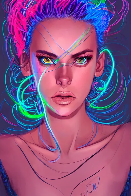 Image similar to a award winning portrait of a beautiful woman with stunning eyes in a one off shoulder croptop and cargo pants with rainbow colored hair, outlined by whirling illuminated neon lines and fine lines swirling in circles by jesper ejsing, digital art, trending on artstation