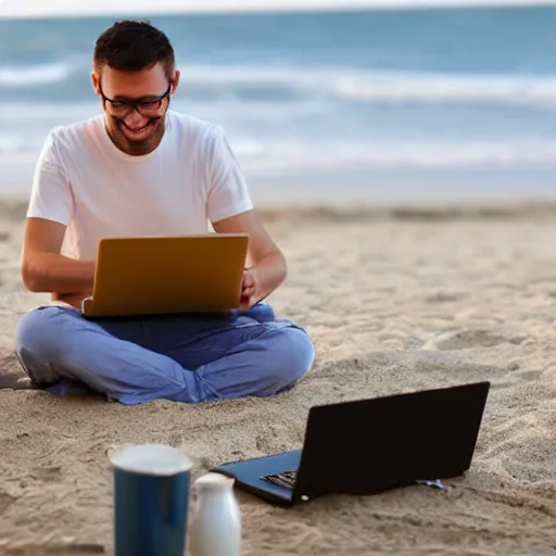 Image similar to stock photo of happy man working on laptop at beach, bokeh