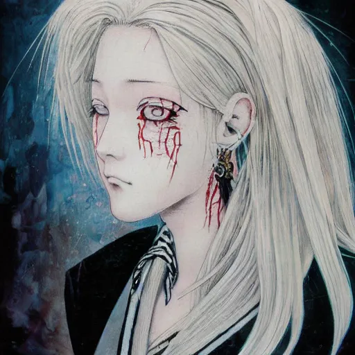 Prompt: yoshitaka amano blurry realistic illustration of an anime girl with white hair and cracks on her face wearing dress suit with tie fluttering in the wind, abstract black and white patterns on the background, upside down cross earring, noisy film grain effect, highly detailed, renaissance oil painting, weird portrait angle