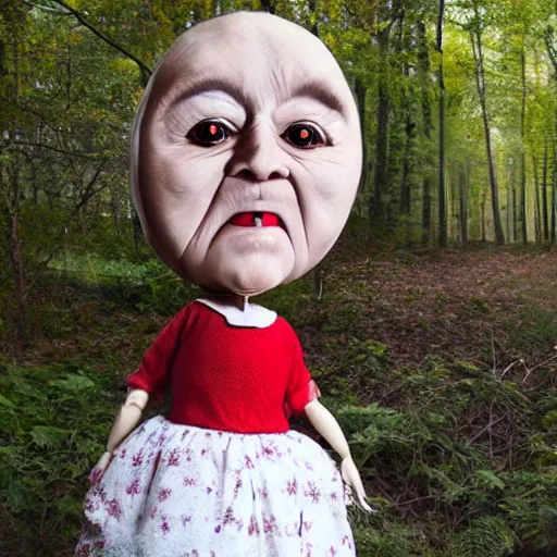 Prompt: a large realistic doll that looks like an old woman with nutcracker mouth in a dark forest, red laser eyes cut down trees, horror