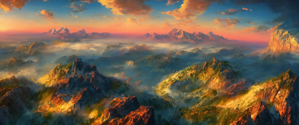 Prompt: dreaming of an incredibly beautiful aerial view of the alps mountains at sunset, photorealistic breathtaking, vivid colors, hills, ocean, cliffs, fog, trending on artstation, wlop, cgsociety by frederic church, gediminas pranckevicius, trending on cgsociety, fractal thunder dan mumford