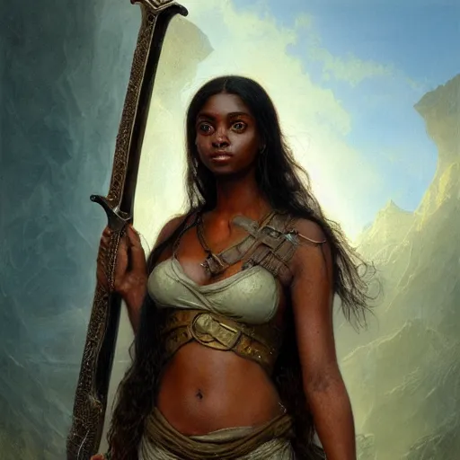 Image similar to artstation concept of a beautiful girl holding a sword in both hands, brown skin, sweaty skin, symmetrical face, casual white garment, brown canyon background, shiny colorful, hyperdetailed, artstation trending, world renowned artists, worth1000.com, historic artworks society, antique renewel, cgsociety, by greg rutkowski, by Gustave Dore, Deviantart