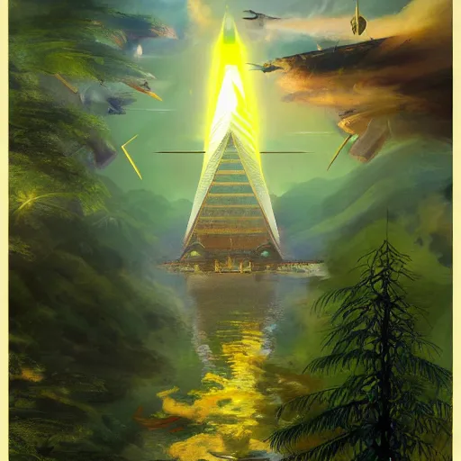 Image similar to a beautiful painting about a futuristic spaceship landing in a misty Asian rainforest, surrounded by mountains and clouds. Featured on Artstation. tall bright numerical village pyramid osprey citrus archangel, by Valentine Hugo and Robert Henri and Banks