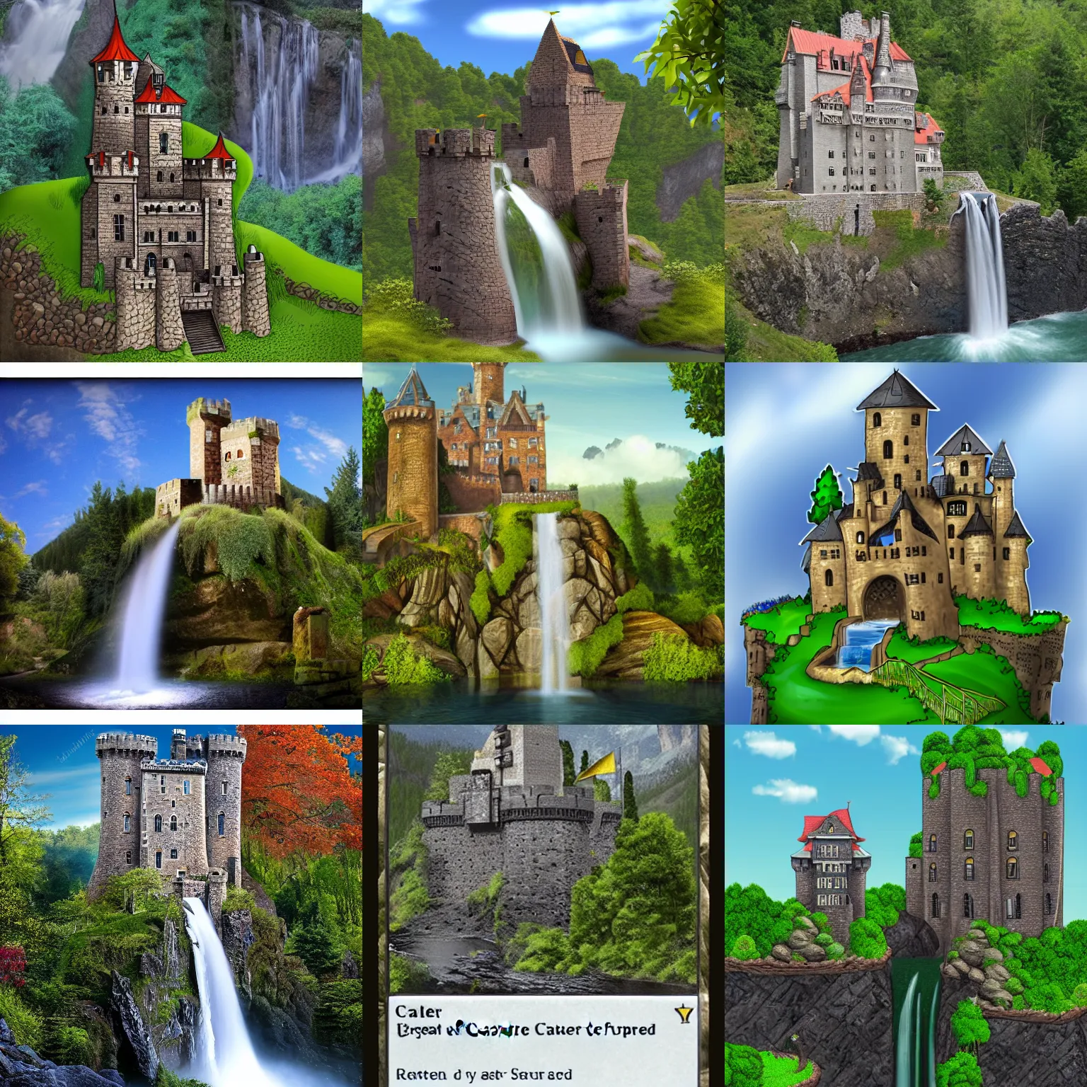Prompt: castle next to waterfall, landscape, in style of Refiend