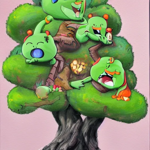 Image similar to Extremely muscular happy tree friends, high quality 8k hd, oil on canvas, hyperralistic art