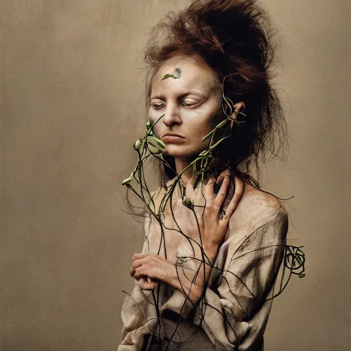 Prompt: closeup portrait of a woman with wire and lilies growing out of her face, standing in a desolate apocalyptic city, by Annie Leibovitz and Steve McCurry, natural light, detailed face, CANON Eos C300, ƒ1.8, 35mm, 8K, medium-format print