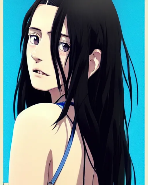 Image similar to portrait Anime kaya scodelario, skins, cute-fine-face, black-hair, blue eyes, pretty face, realistically shaded, Perfect face, fine details. Anime. skins, realistic shaded lighting by Ilya Kuvshinov, katsuhiro otomo, ghost-in-the-shell, magali villeneuve, artgerm, rutkowski, WLOP