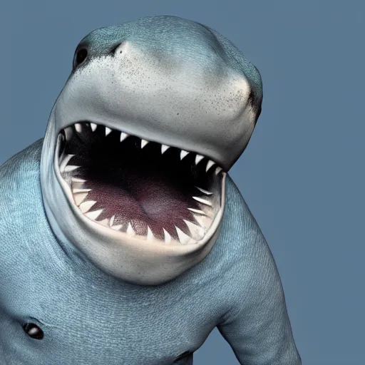 Image similar to 3 d render, hyper realistic anthropomorphic shark, male, clothing made from seaweed.