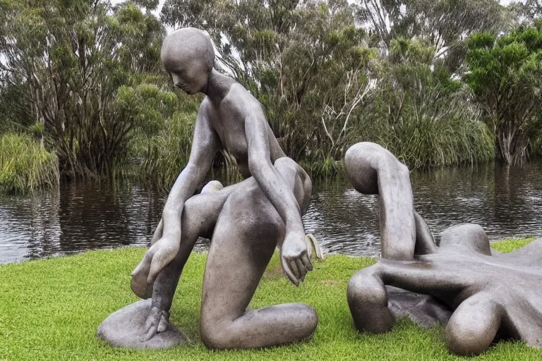 Image similar to “dramatic award-winning sculpture in an Australian wetlands, sculpture garden”