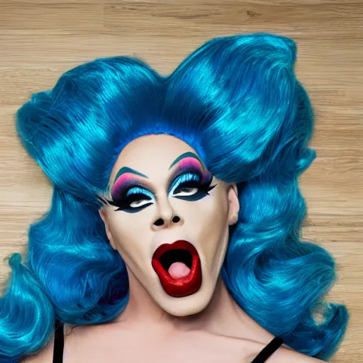 Prompt: drag queen licks the powder, lies on the parquet