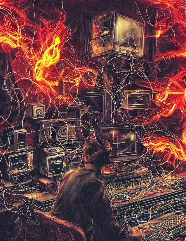 Image similar to “Artstation. A room full of electronic steampunk equipment with lots of electric wires and large tv screens and big voltage meters. A colorful bright burst of fire and smoke is coming out of the computer screen. Close-up of a man sitting at the keyboard and watching it in awe. Dark, intricate, highly detailed, smooth, in style of Mike Savad”