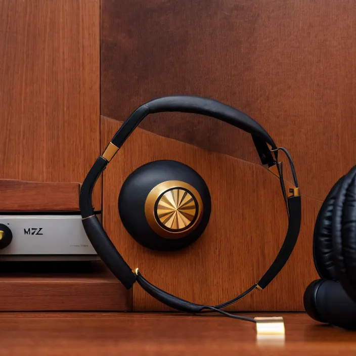 Prompt: beautiful well designed symmetric meze classics headphones gold metal, wood cups, leather padding, next to an amplifier on mahogany desk, modernist headphones, wood headphones hyperrealistic, audiophile, intricate high detail, extreme quality, photographic, meze audio, sennheiser