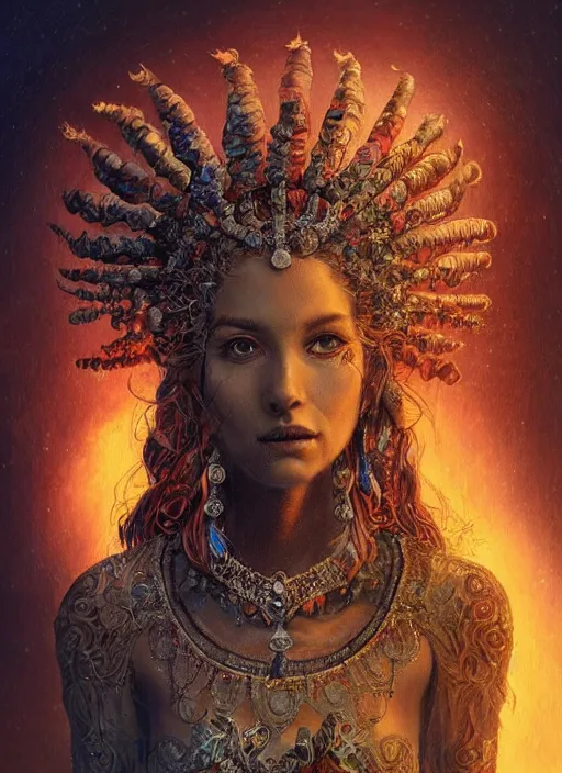 Image similar to an anton pieck portrait of a goddess, 8 k micro details beautiful intricate highly detailed quetzalcoatl skull and feathers. fire, galaxy, artwork by tooth wu and wlop and beeple and greg rutkowski, trending on artstation,