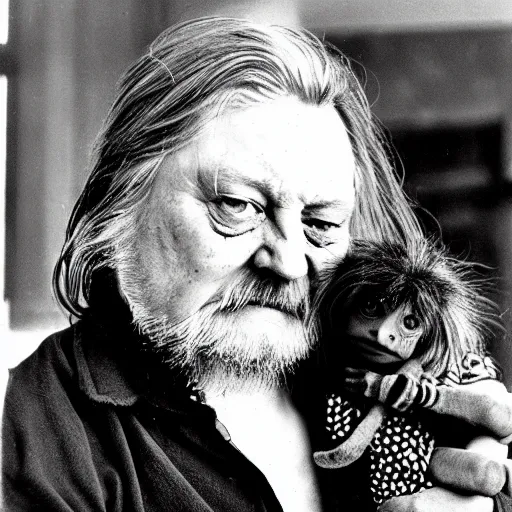 Image similar to robert wyatt cradling a goblin, photograph