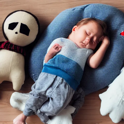 Prompt: sleepy child on pillow between toys photographed