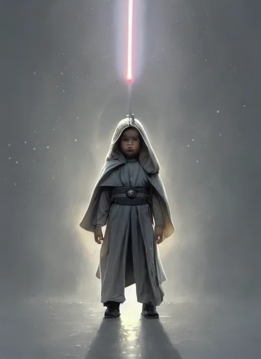 Image similar to perfectly - centered - portrait of a kid wearing grey cloak holding light saber, intricate, highly detailed, digital painting, artstation, concept art, smooth, sharp focus, illustration, unreal engine 5, 8 k, art by artgerm and greg rutkowski and alphonse mucha