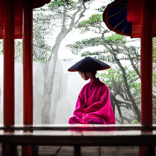 Prompt: asian female sleeping in kimono in okd pagoda during rainy day, cinematic photography