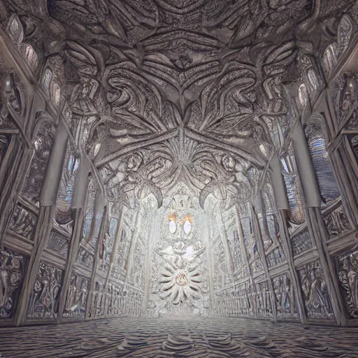 Prompt: a hyperrealistic 3 d painting of a massive sprawling fractal cathedral interior populated by mandelbrot fractals by android jones, unreal engine, carved soap, white color scheme, volumetric lighting, octane render, glowing, carved marble, opalescent, carved wood, sacred geometry, religious, angelic, catholicpunk, photorealism, 8 k, ultra detailed