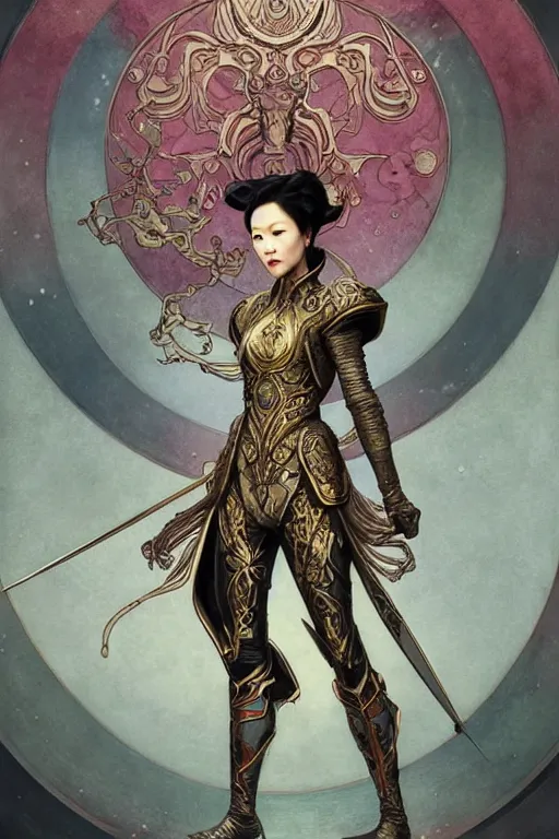 Image similar to full length portrait of zhang ziyi in armour, by eve ventrue, michael carson, andreas rochas, john watkiss, casey weldon, artgerm. art nouveau. tarot card by mucha. gloomhaven. swirly intricate linework background. gaudy colors, sharp edges. octane render