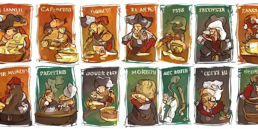 Prompt: card design concept art for a fantasy game about chefs and food and monsters