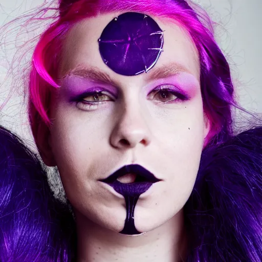 Image similar to a portrait of star st. germain with pink hair, purple eyebrows, and a septum ring, editorial fashion photography