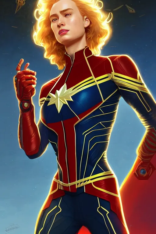 Prompt: genetically augmented super soldier CAPTAIN MARVEL as a male, pale skin curly blond hair, fantasy, intricate, elegant, highly detailed, digital painting, artstation, concept art, matte, sharp focus, illustration, art by Artgerm and Greg Rutkowski and Alphonse Mucha