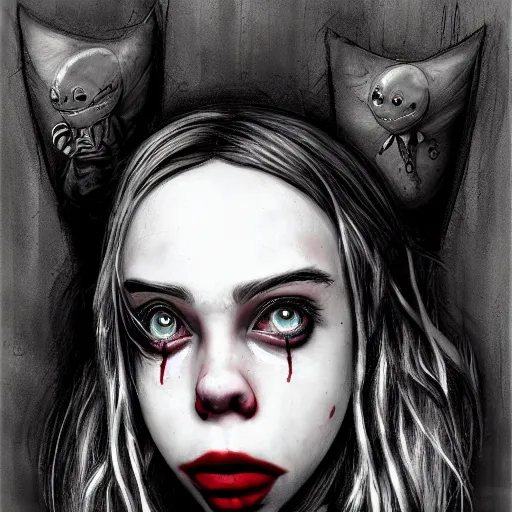 Image similar to surrealism grunge cartoon sketch of billie eilish with a wide smile by - michael karcz, loony toons style, pennywise style, horror theme, detailed, elegant, intricate