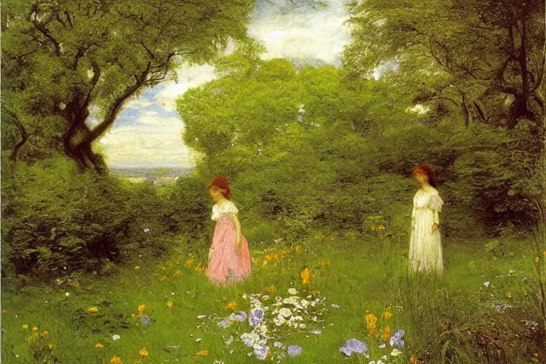 Prompt: secret garden, lush, floral, botanical, romanticism, dreamy, light, summery, john everett millais hudson river school