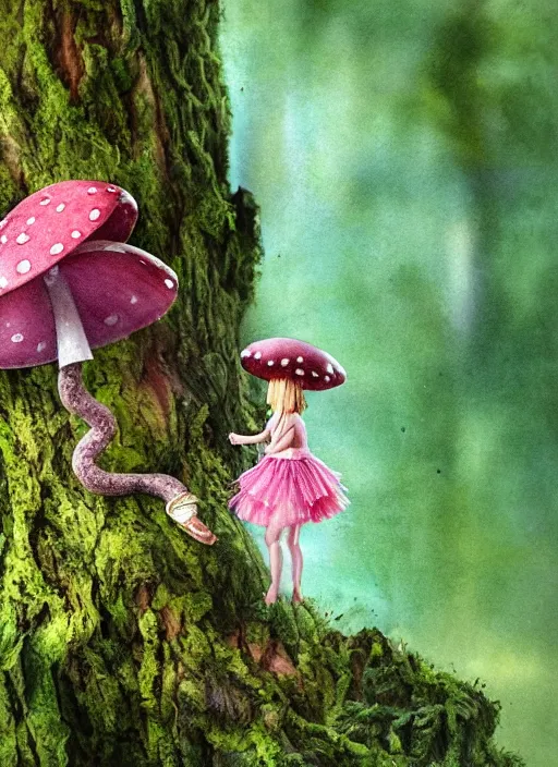 Prompt: A tiny female tree sprite with a tattered pink tutu, mushroom umbrella, moss, dewdrops, watercolor, dramatic lighting, cinematic, establishing shot, extremely high detail, foto realistic, cinematic lighting, pen and ink, intricate line drawings, by Yoshitaka Amano, Ruan Jia, Kentaro Miura, Artgerm, post processed, concept art, artstation, matte painting, style by eddie mendoza, raphael lacoste, alex ross,