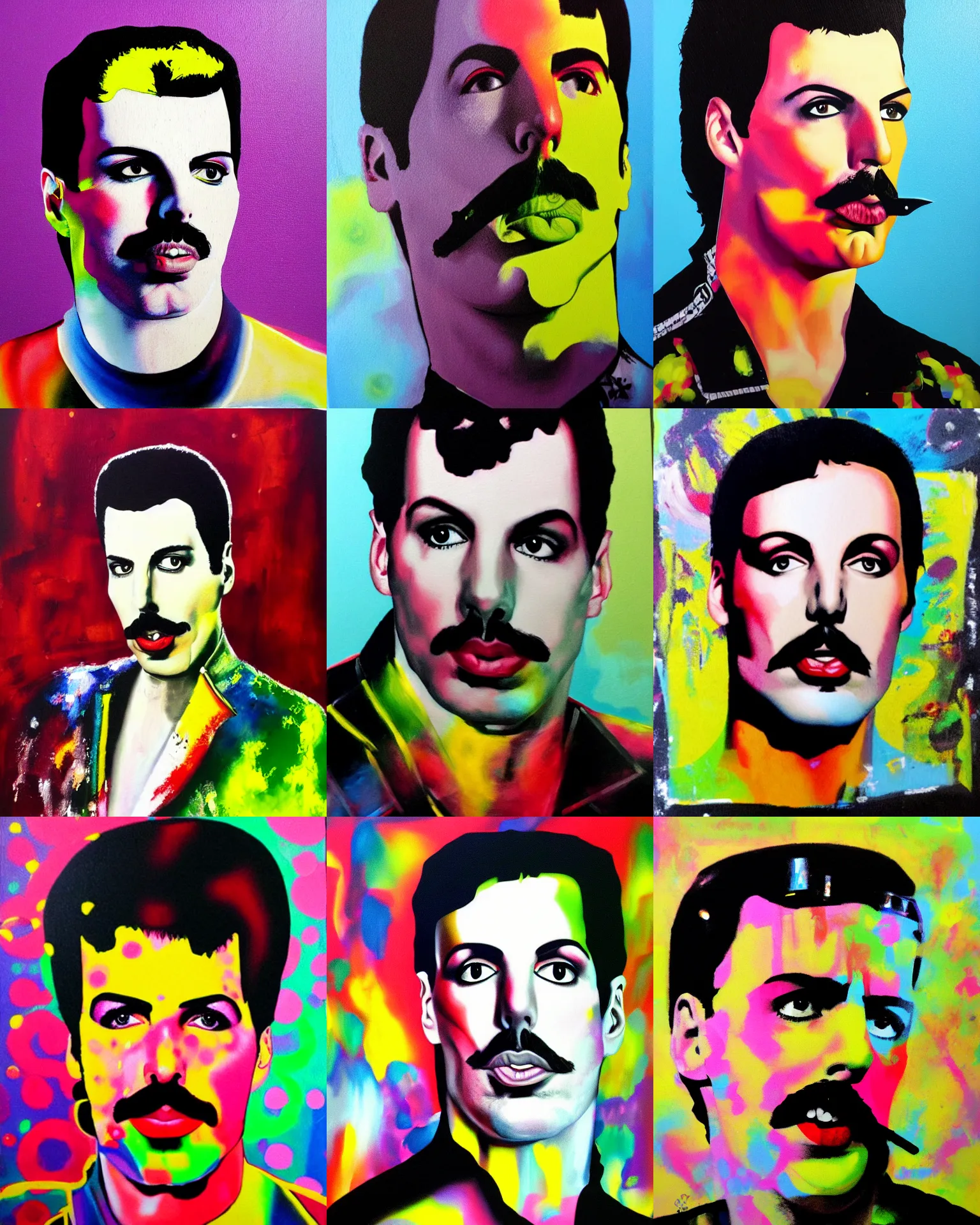 Prompt: acrylic artistic portrait of Freddie Mercury, techno-punk, blobby, waxy