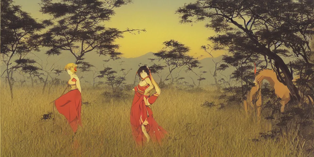 Prompt: painting of an anime girl in the savannah at golden hour by kitano tsunetomi, 1 9 3 9