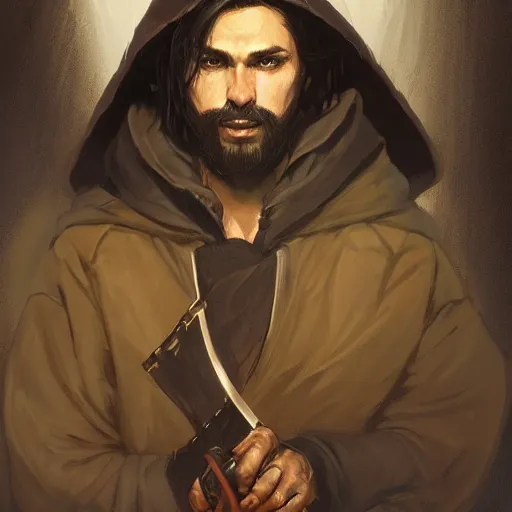 Prompt: portrait of a male rogue with short black hair and beard wearing brown clothes and a black hooded cloak holding a dagger, half body, fantasy, highly detailed, digital painting, artstation, concept art, character art, art by greg rutkowski and tyler jacobson and alphonse mucha