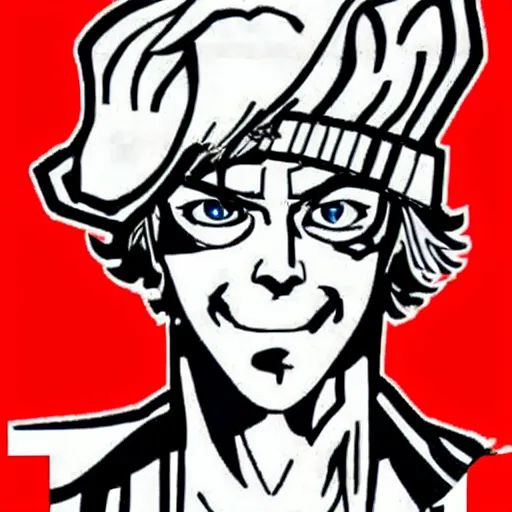 Prompt: Johnny Joestar from JoJo's Bizarre Adventure shooting the infinite spin at Colonel Sanders from KFC, drawn by Hirohito Araki, manga