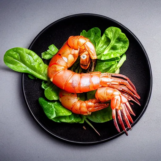 Image similar to a plate of food made of salad and huge alien shrimp xenomorph, award winning photographer, food photography