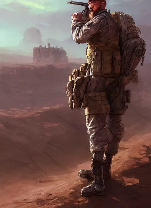 Image similar to purple lighting, detailed character portrait concept illustration, white male strong muscular mature soldier with beard and short hair in a soldier uniform, desert with city in the background, sharp focus, illustration, highly detailed, digital painting, concept art, matte, art by wlop and artgerm and greg rutkowski, masterpiece