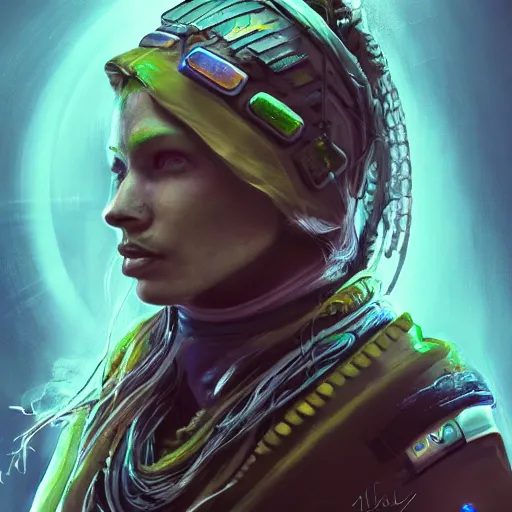 Image similar to detailed portrait of a futuristic sci - fi shaman in an impressive scene. extremely detailed. beautiful lighting. trending on artstation.