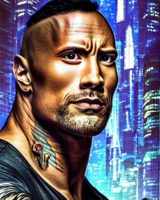 Image similar to epic portrait of cyberpunk dwayne johnson