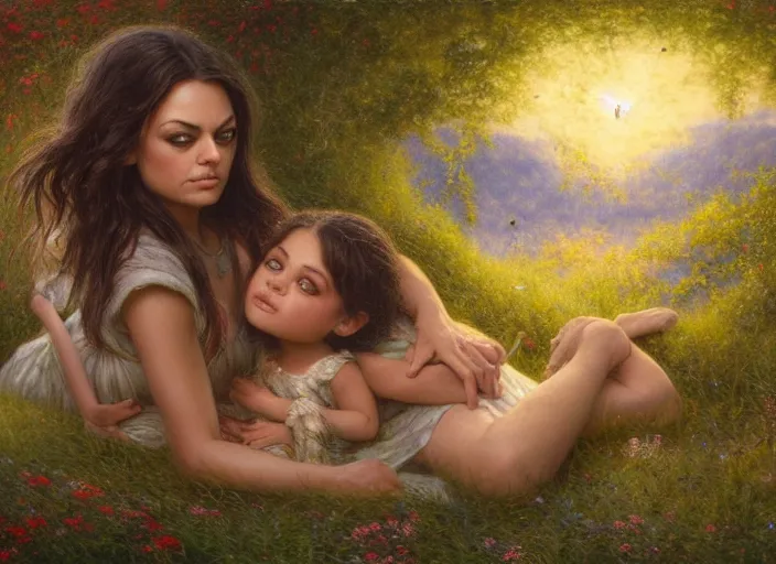 Image similar to Mila Kunis staring into the camera singing a lullaby, fireflies, full moon, Lilia Alvarado, Sophie Anderson, Mark Arian, Bob Byerley, Charlie Bowater, Mark Brooks, Steve Henderson, Justin Gerard, Arthur Hughes, Edward Robert Hughes, Mark Keathley, Victor Nizovtsev, Carlos Shwabe, Ross Tran, WLOP