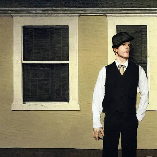 Prompt: Michael C. Hall standing in front of a funeral home, dark tones, in the style of Norman Rockwell