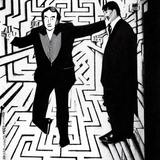 Prompt: andrew lloyd webber apprehensively enters the labyrinth of the minotaur, mc escher